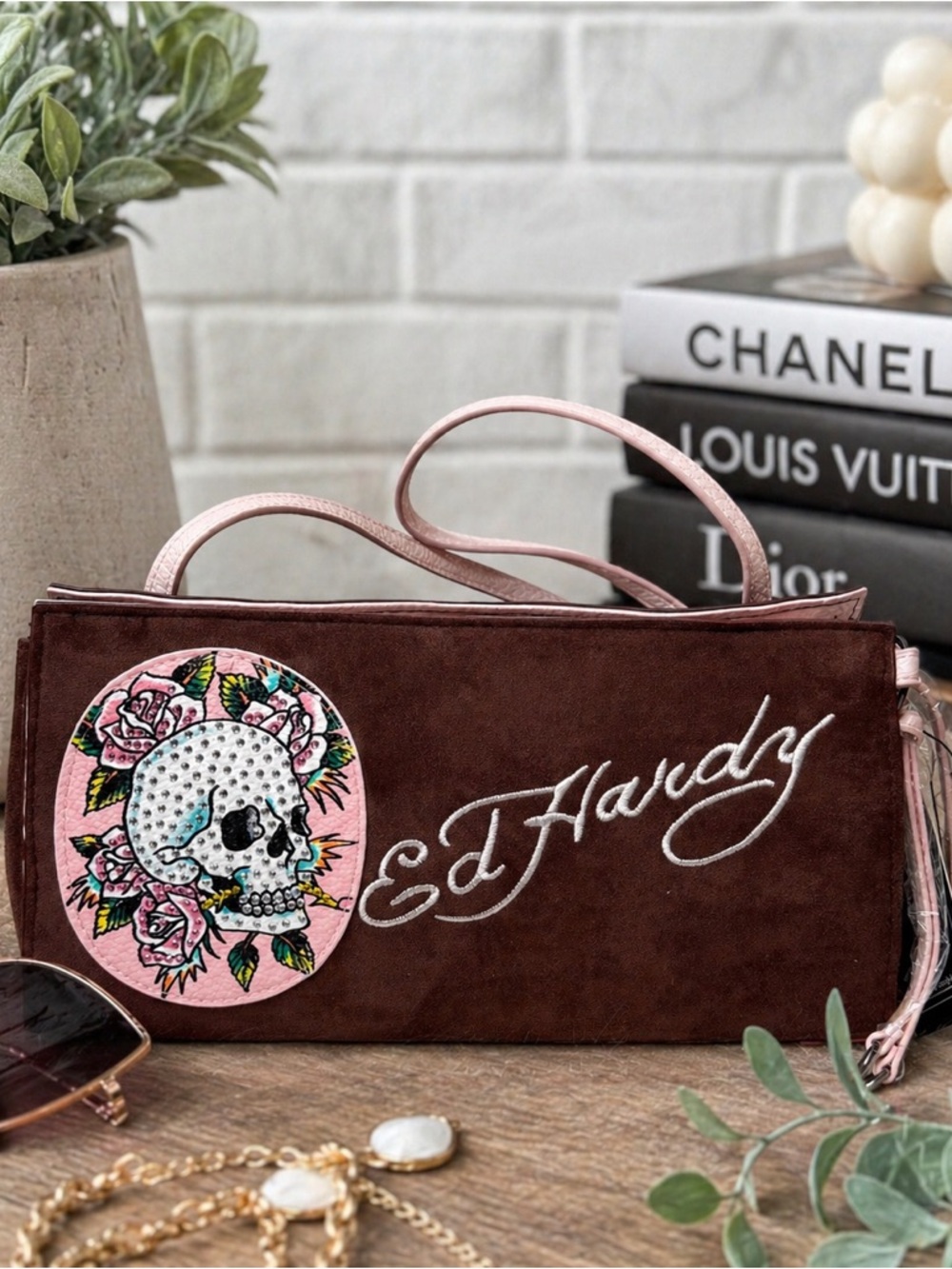 Ed Hardy Pink Skull Rhinestone Bag NWT Y2K Shoulder Crossbody Purse